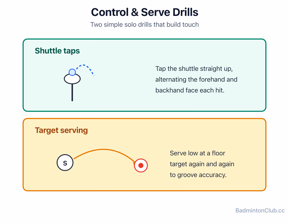 Solo control drills: shuttle taps switching forehand and backhand faces, and serving at a floor target