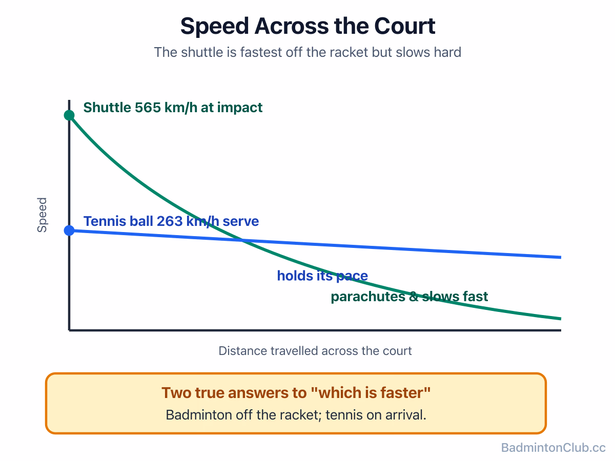 How a shuttle's speed collapses after impact while a tennis ball holds its pace across the court