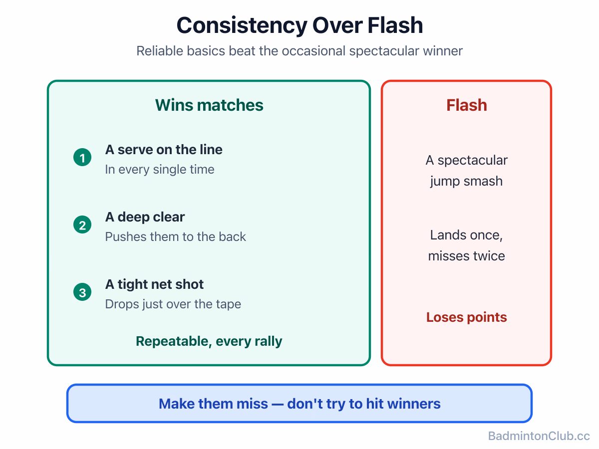 Consistency over flash: a serve on the line, a deep clear and a tight net shot beat occasional spectacular winners