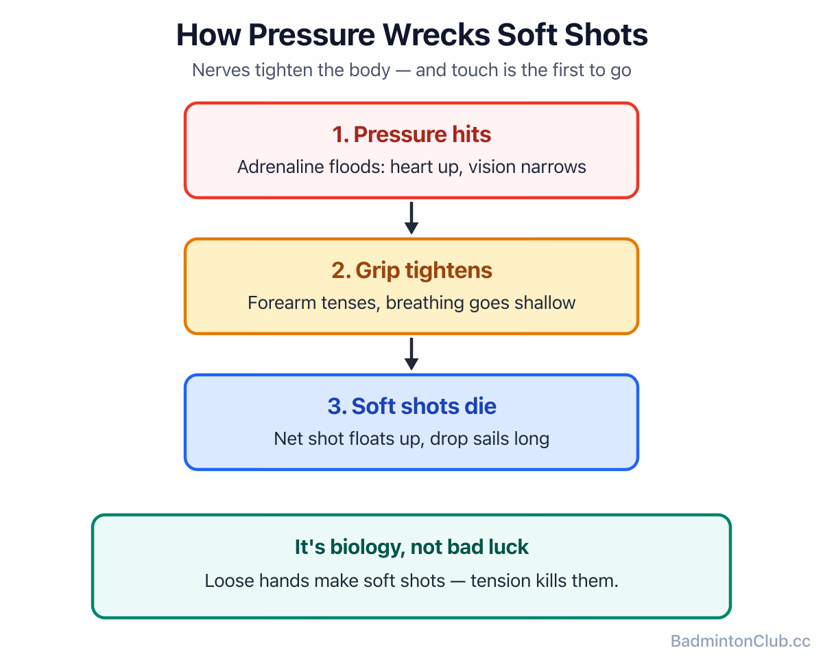 How match pressure tightens the grip and shortens the breath, and how that wrecks soft shots like the net shot and drop