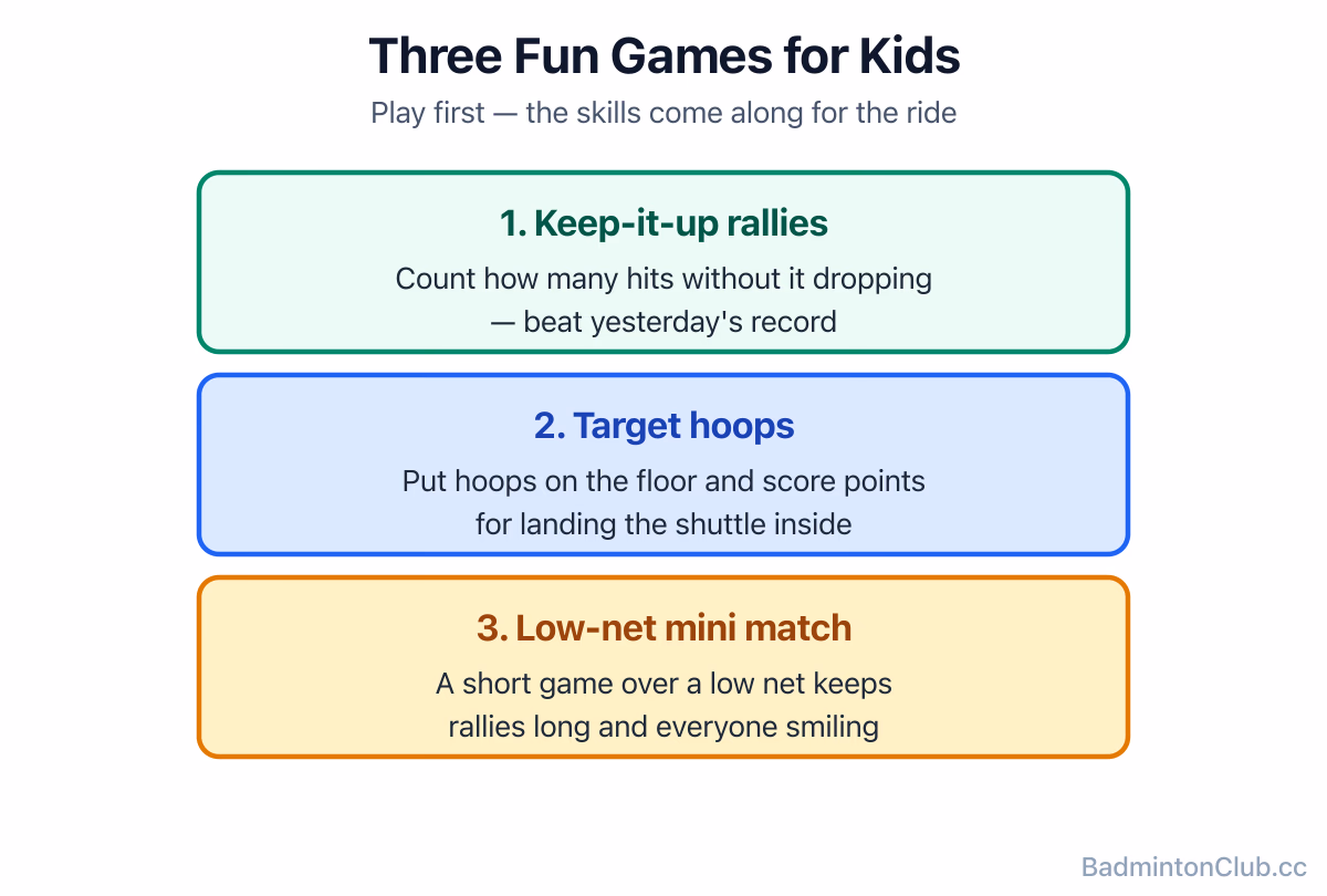 Three fun kids' games: keep-it-up rallies, target hoops, and a low-net mini match