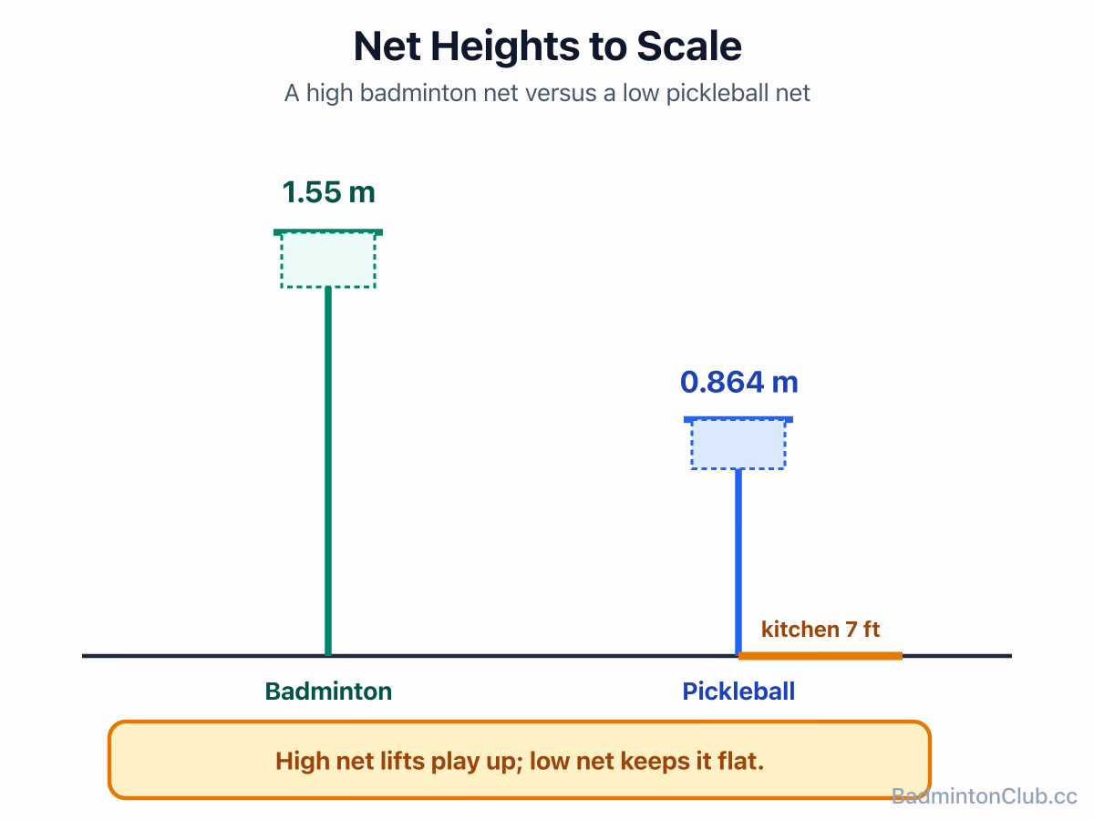Net heights to scale: badminton's high 1.55 m net versus pickleball's low 0.864 m net with the kitchen zone
