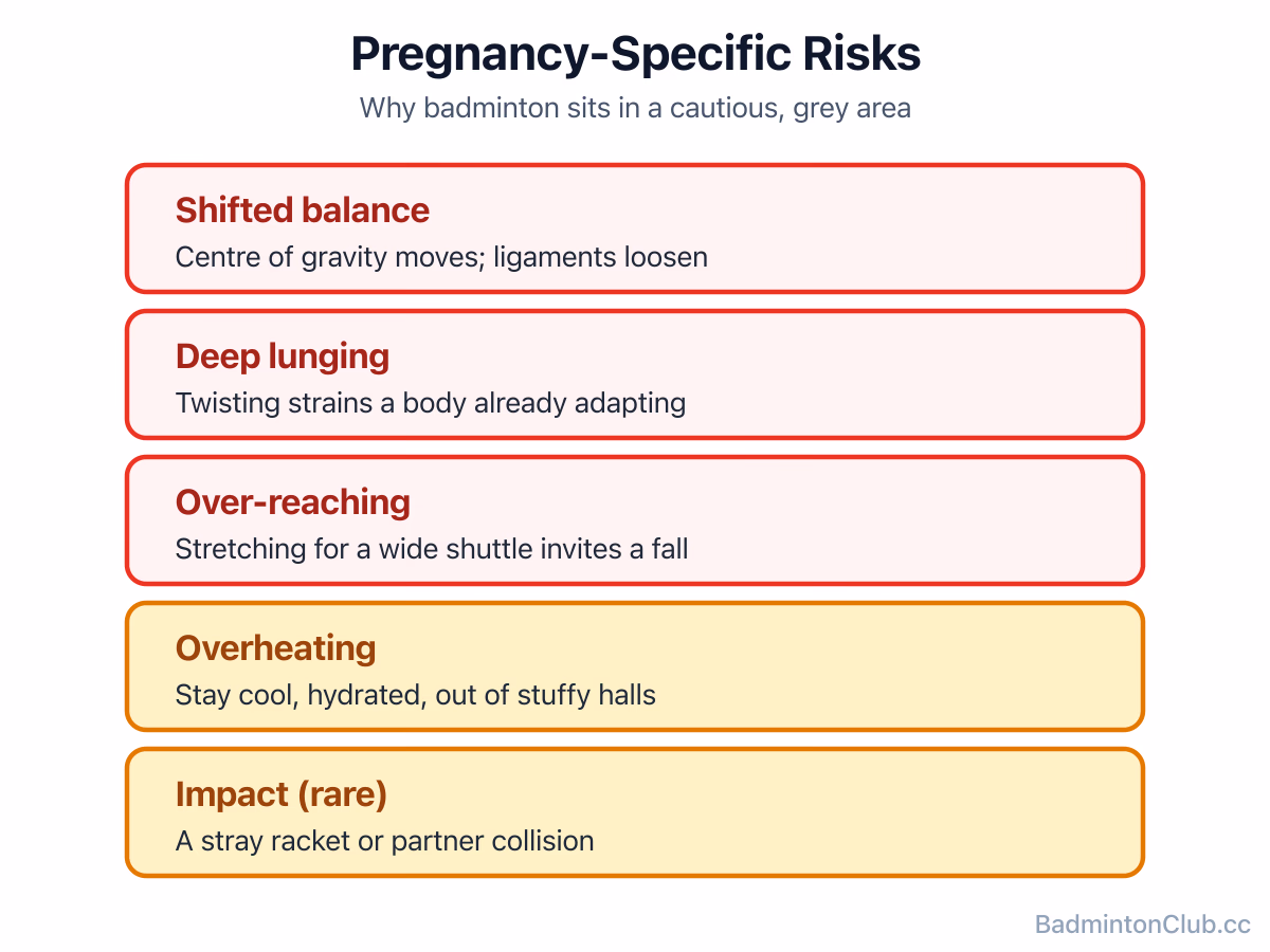 The main pregnancy-specific risks in badminton: shifted balance, deep lunging, over-reaching, overheating and the small chance of an impact