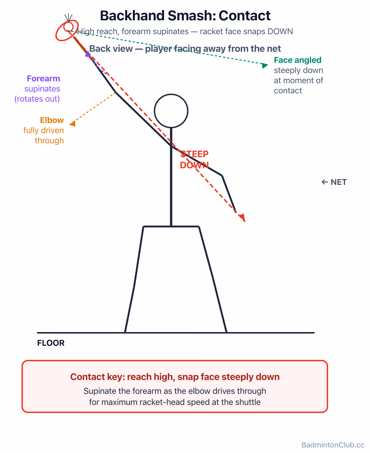 Backhand smash contact — high reach, forearm supinating to snap the racket face down through the shuttle