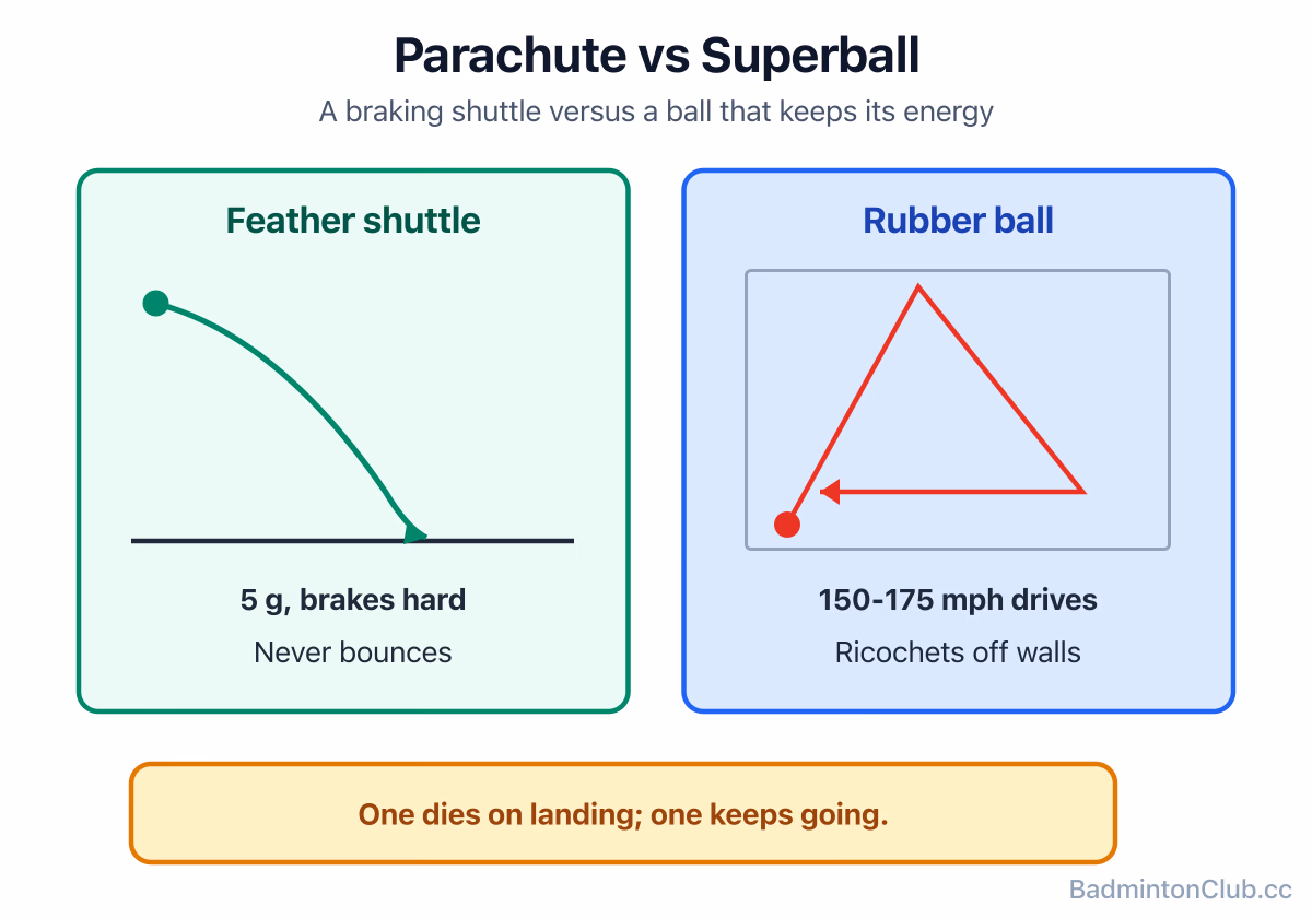 A decelerating feather shuttle versus a high-energy rubber racquetball ricocheting off walls