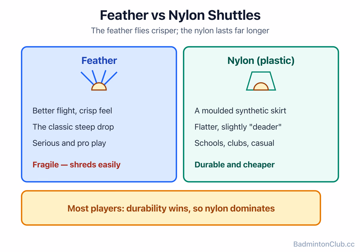 Feather shuttle versus nylon shuttle: the feather cone flies crisper, the nylon skirt lasts far longer