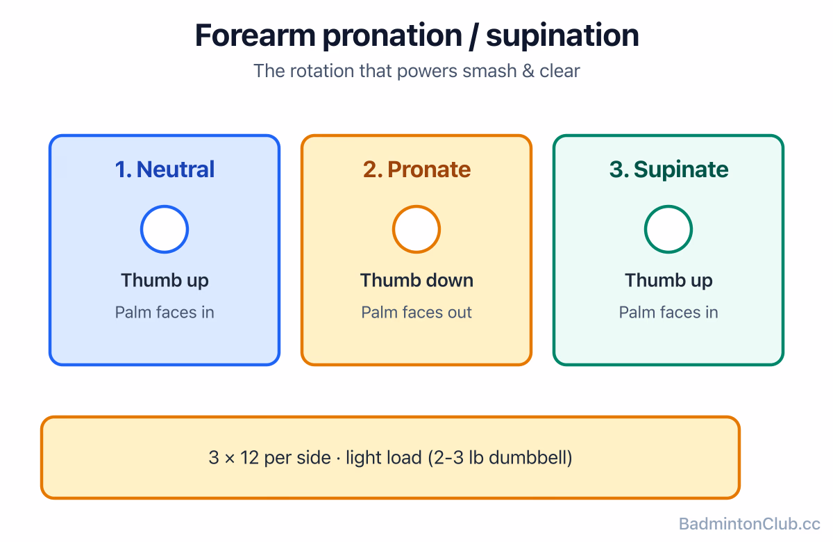 Forearm pronation/supination with a light dumbbell — neutral → thumb-down → neutral, building the racket-head snap