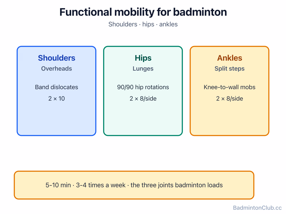 Functional mobility for badminton — shoulders, hips and ankles, the three joints most loaded in the sport