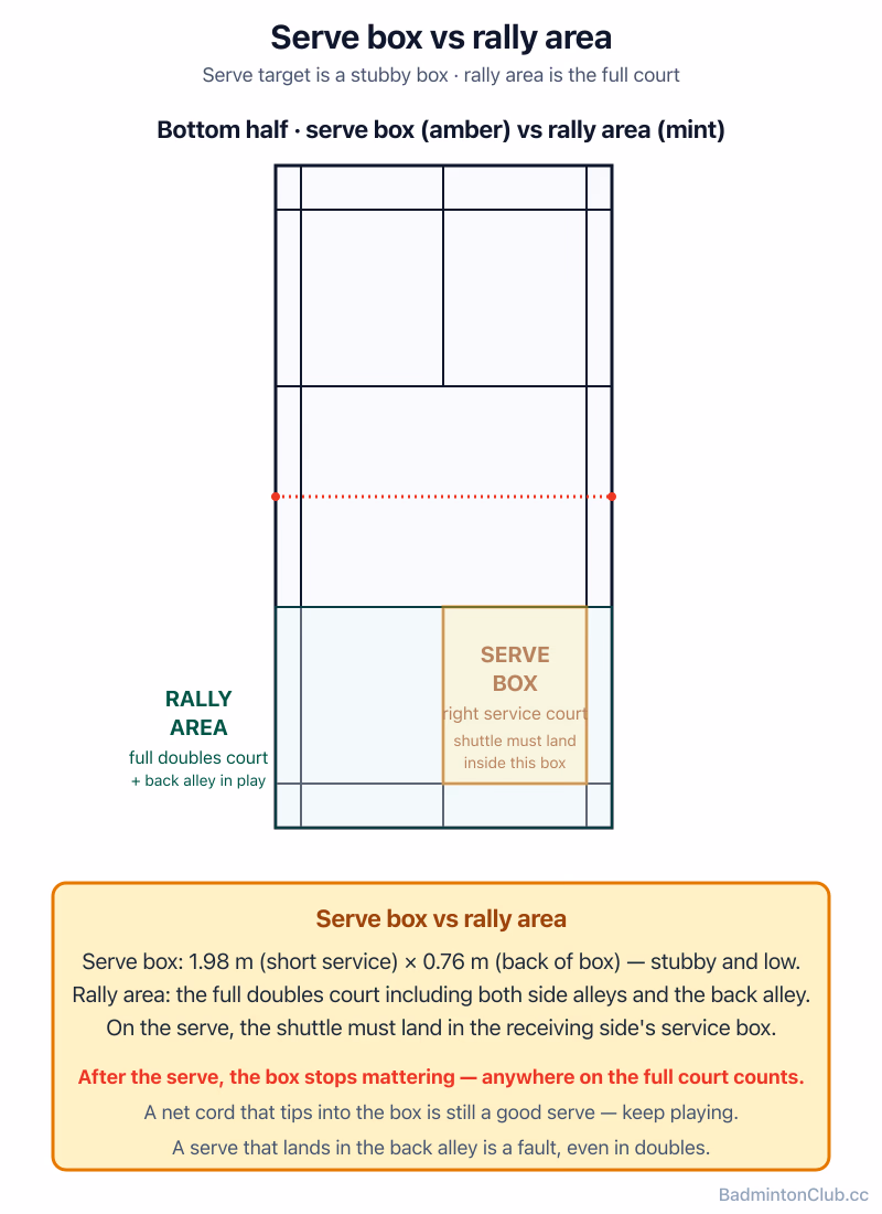 Two boxes, one court — the stubby serve target vs the full rally area