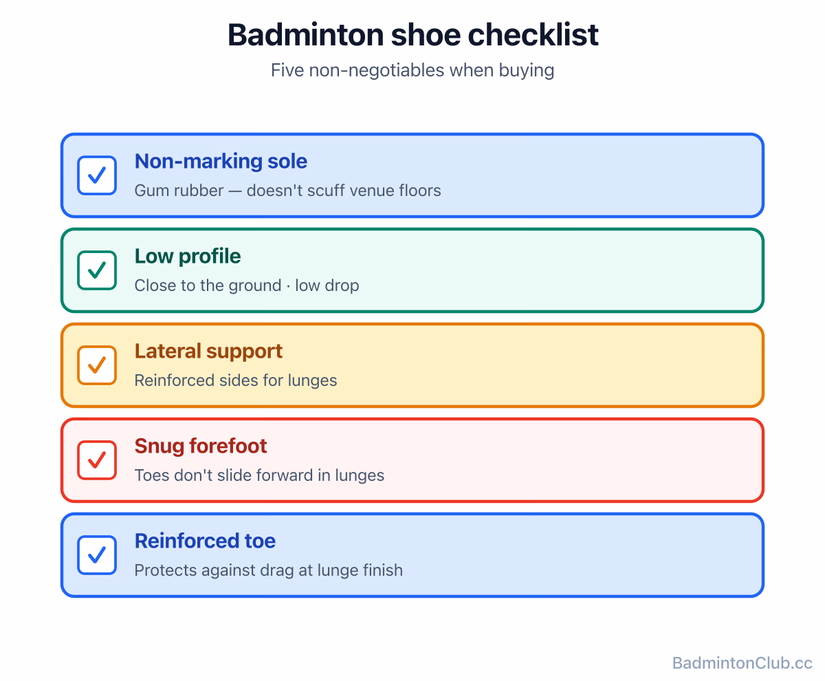 Badminton shoe checklist — non-marking sole, low profile, lateral support panels, snug forefoot, reinforced toe