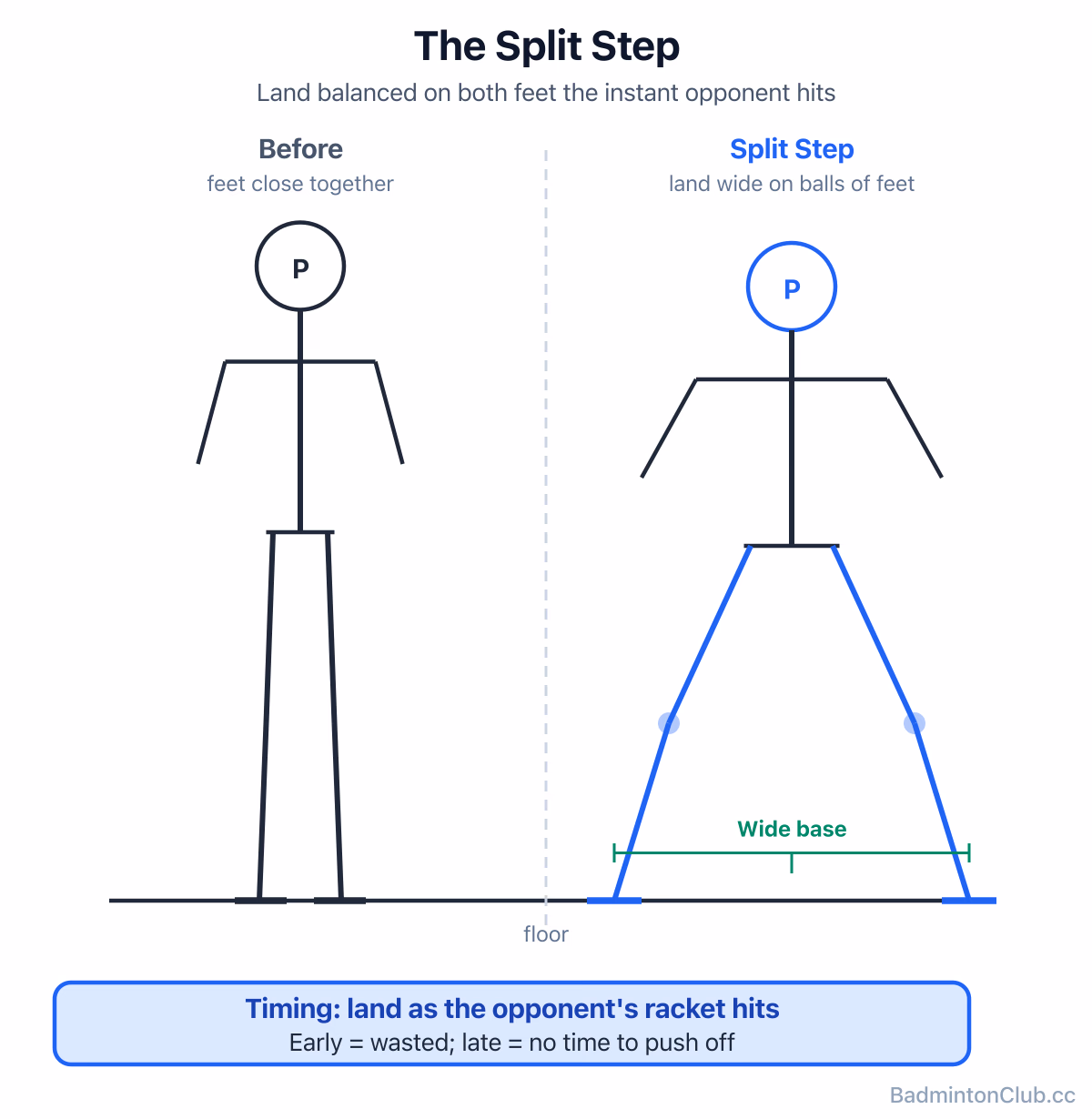 Split step timing — landing balanced on the balls of both feet the instant the opponent contacts the shuttle