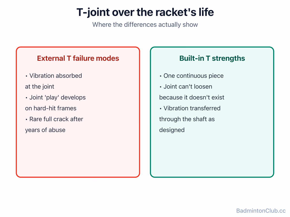 External T-joint failure modes — vibration at the joint and developing play over years of hard use, vs the continuous built-in alternative