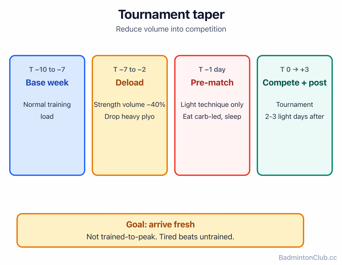Tournament taper — 7–10 days of reduced volume into competition, then 2–3 light days after